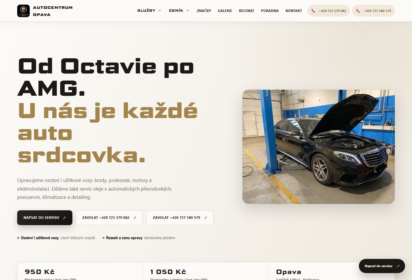 Aktuální titulní stránka Autocentra Opava s nabídkou servisních služeb a fotografií vozu v dílně.