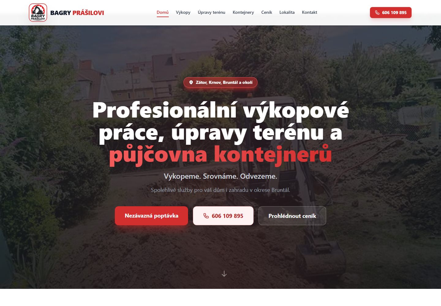 Screenshot webu Bagry Prášilovi od Studio SOMAR